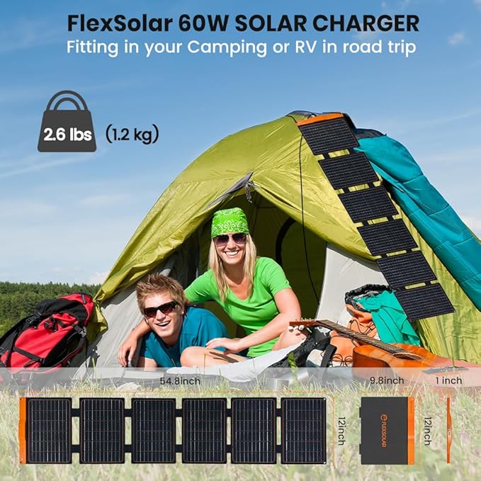FlexSolar 60W Portable Solar Panels Chargers with PD3.0 USB-CQC3.0 USB-A and DC Outputs Foldable IP67 Waterproof Power Emergency Camping for Small Power Station GeneratorPhones Power Banks Tablets