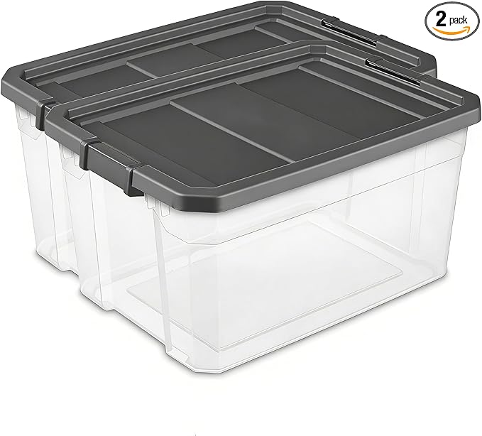 76 Quart Heavy-Duty Stacker Box – Clear Plastic Storage Bin with Secure Latch Lid Ideal for Home Garage Closet &amp Basement Organization Dark Gray (2)