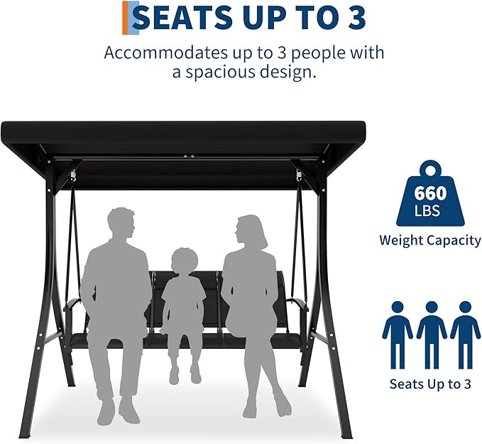 3-Seat Patio Swing Chair with Adjustable Canopy - Heavy-Duty Outdoor Porch Swing for Adults with Breathable Textilene Armrests Seat- Perfect for Backyard Poolside &amp Garden Relaxation Black
