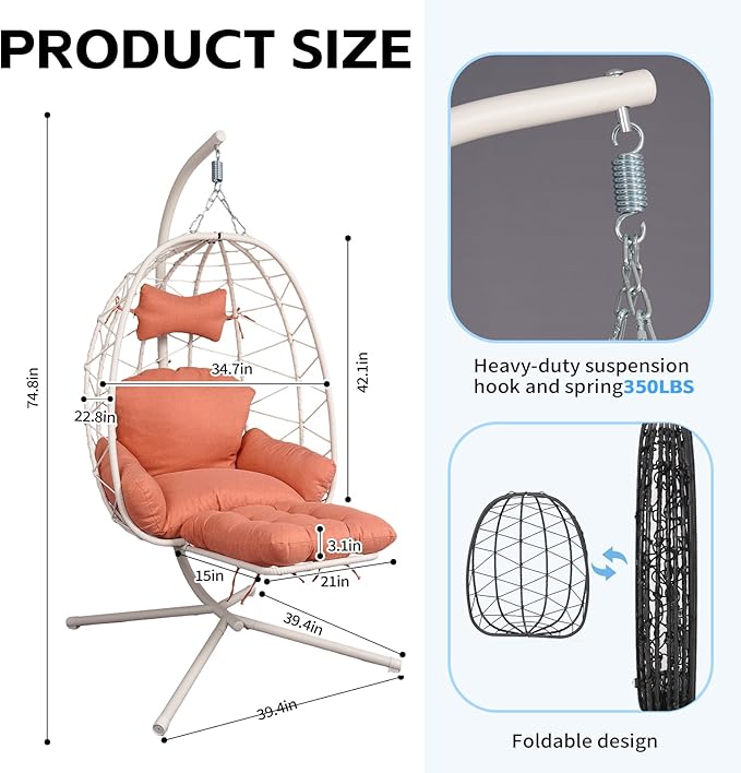 Hanging Egg Chair with Stand Outdoor Indoor Patio Rattan Swing Hammock Chairs with Washable Cushion PE Wicker Swing Chair for Backyard Bedroom Garden (White + Orange Red Cushion with Footrest)