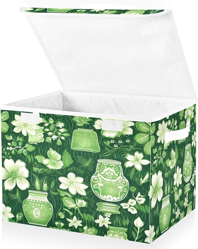 Christmas Storage Baskets with Lids Green and White Flower Vases Collapsible Bins Stackable Fabric Linen Baskets Closet Organizer Container 16.5x12.6x11.8