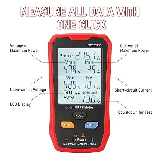 UT673PV Solar Panel Tester Photovoltaic Multimeter 800W Solar MPPT Meter with Large Ultra Clear LCD Smart MPPT Open Circuit Voltage Troubleshooting Data Test for Photovoltaic Modules