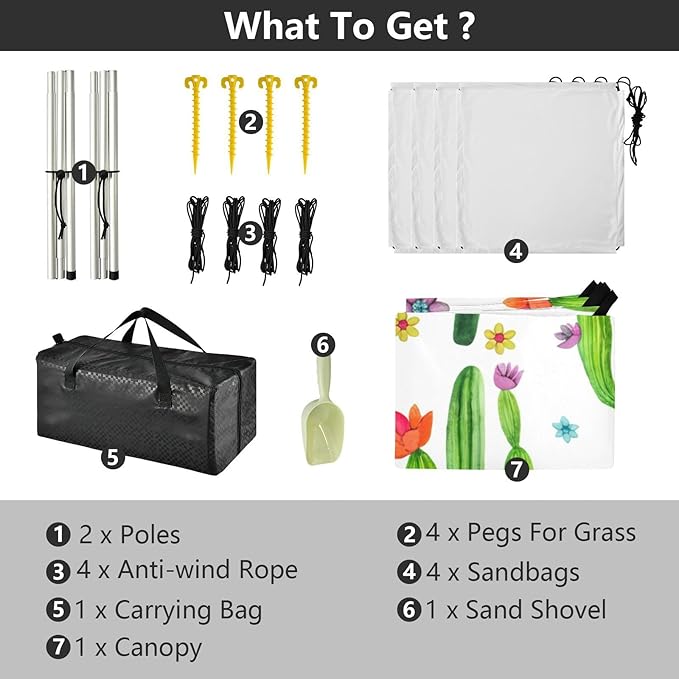 Beach Canopy with Windproof Ropes &amp Sandbags Beach Tent Sun Shade Sun Shelter for Camping Trips Fishing Backyard Fun or Picnics Cactus