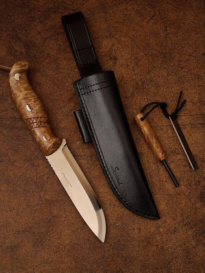 outdoor survival fixed blade camping with Fire Starter Sandvik 14C28N steel blade with leather cover suitable for outdoor hunting and hiking