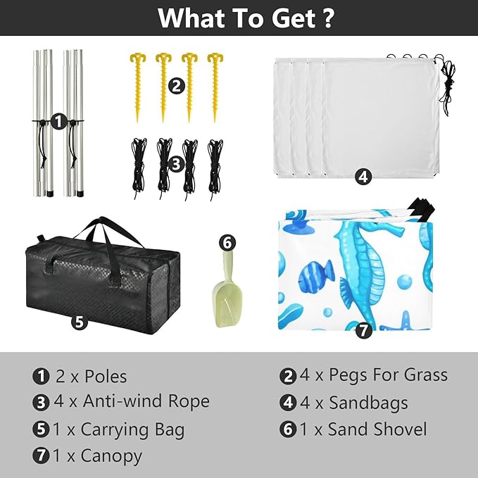 Beach Canopy with Windproof Ropes &amp Sandbags Beach Tent Sun Shade Sun Shelter for Camping Trips Fishing Backyard Fun or Picnics Seahorses
