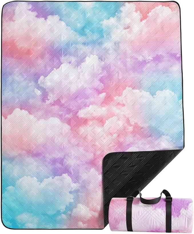 Outdoor Picnic Blanket Portable Ultrasonic Waterproof Picnic Cartoon Clouds Pink Printed Camping Beach Mat for Sand and Wet Grass Hiking (Cartoon Clouds L