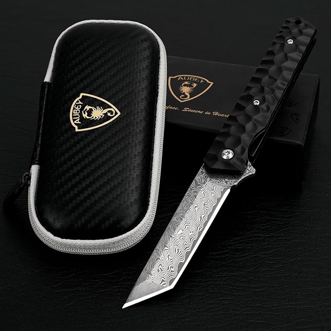 AUBEY Damascus Pocket Knife Tanto VG10 Core Damascus Steel Folding Knives with Ball Bearing Aluminum Alloy Non-Slip Handle and Glass Breaker EDC Damascus Knife for Men Women (Black)