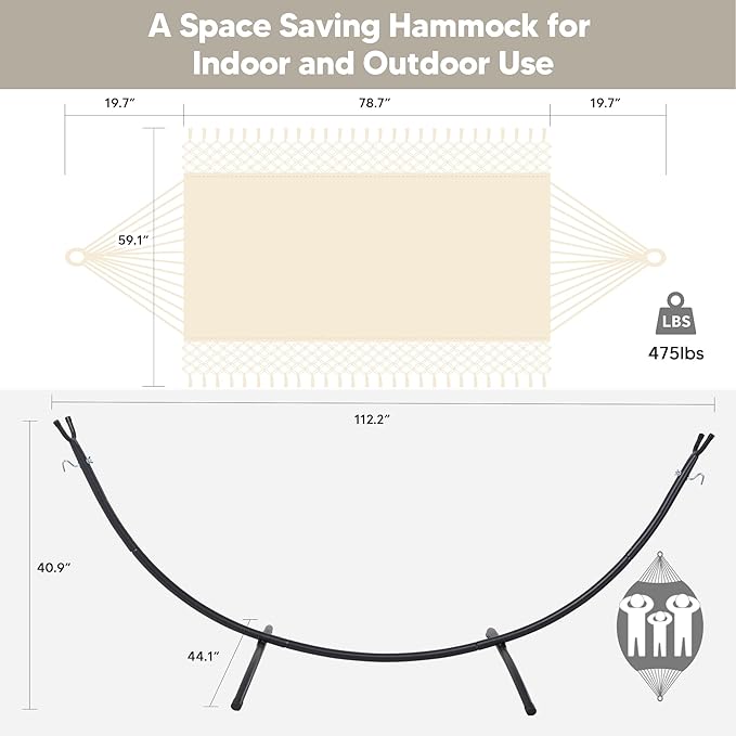 SUNCREAT Portable Outdoor Hammock with Stand Included Double Hammock with Tassel for Outside Beige