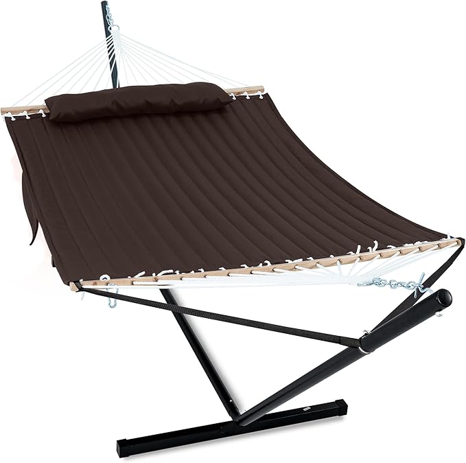 GAFETE 2 Person Hammock with Stand for Outside Heavy Duty Steel Stand Double 55inch Hammocks Large Removable Pillow Storage Bags Max 475 lbs Capacity (Brown)