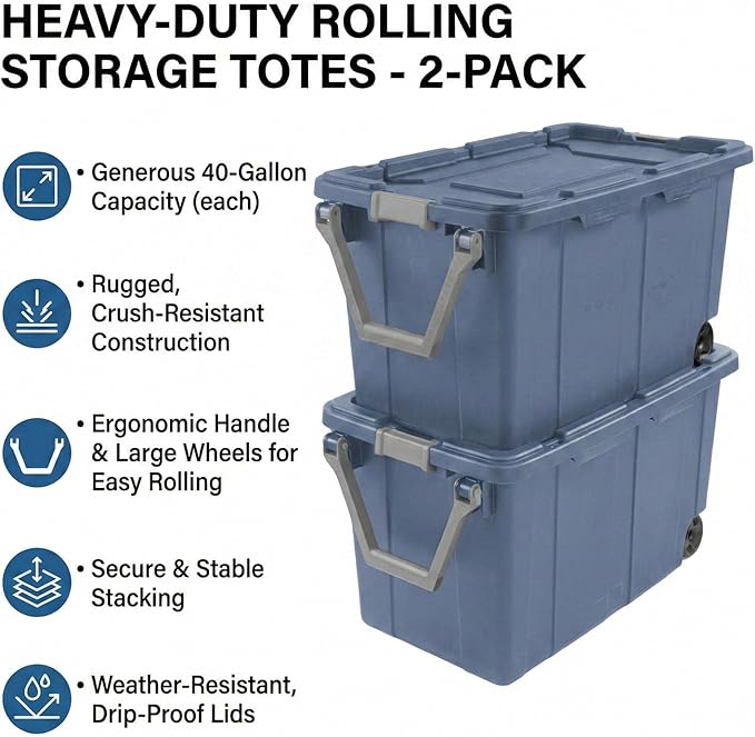 40 Gallon Plastic Storage Box with Wheels and Lids Stackable Industrial Tote Pack of 2 (Blue)