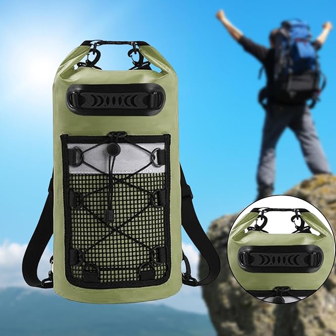 Dry Bag Backpack Mesh Pocket Reflective Warning Strip Green Accessory for Hiking Boating Swimming Men/Women Beach 20 L