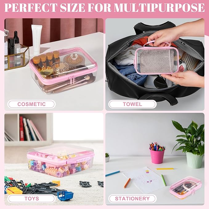 Bottom-Deepened-3 Pack Clear Hard Shell Zipper Case L+M+SPortable Zipper Bags Waterproof Cosmetics BagsOrganizer Pouch For SnacksToyDiapersTravelPink