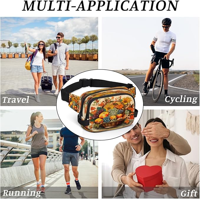 Fruit Basket Apples Grapes Sunflowers Waterproof Fanny Pack for Women Men Adjustable Waist Bag with Double Zipper Pockets Lightweight Square Hip Pack for Running Travel Hiking Workout Cycling