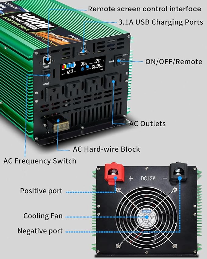 5000 Watt Pure Sine Wave Inverter DC 12V to 120V AC Car Power Inverter for RV Off-Grid Power Inverter with 4 AC Outlet 20W USB-C 5V/3.1A USB Hardwire Port Remote &amp Panel Control Surge 1000