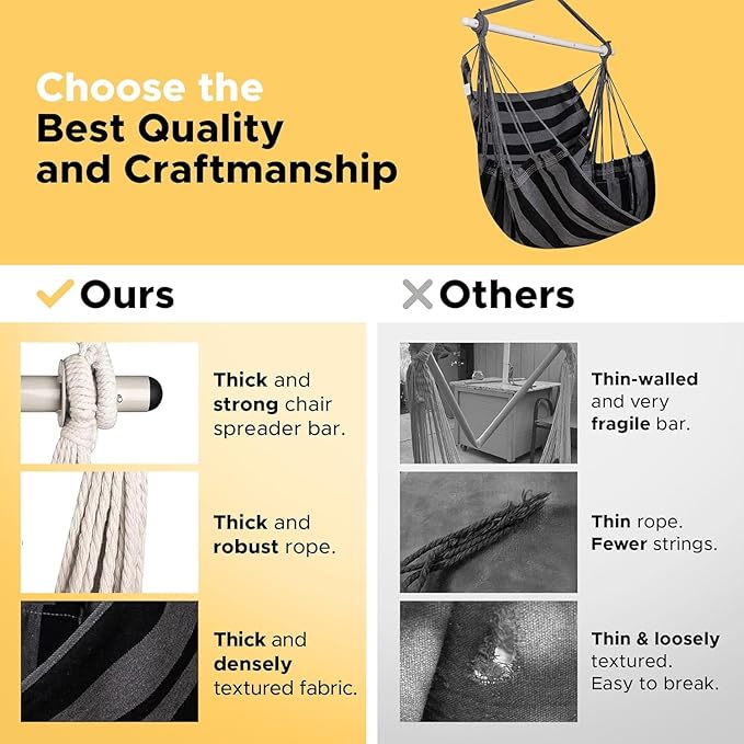 ADVOKAIR Hammock Chair Hanging Chair Swing Large Indoor with Anti-Slip Steel Spread Bar and Pocket-Max 500lbs-2 Cushions Perfect for BedroomOutdoorPatio PorchBackyard…