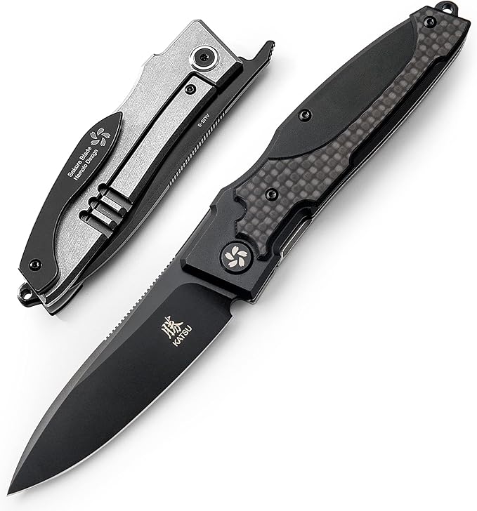 KATSU Japanese Folding Pocket Knife For Men Women Sakura Blade Nemoto Design 3.5 AUS-8 Steel Blade EDC Knife with Pocket Clip for Indoor &amp Outdoor Camping Fishing Hiking (Black)