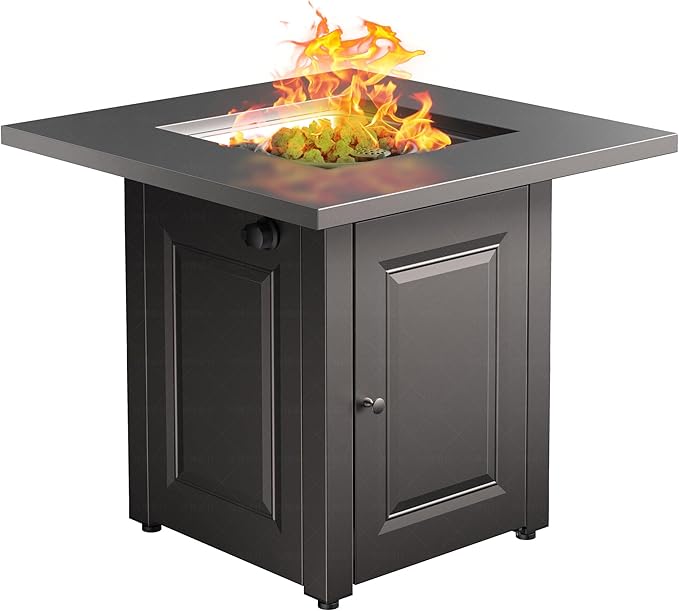 LEGACY HEATING 28-Inch Propane Fire Pit Table Gas Square Outdoor Fire Table Dinning with Lid Lava Stone 50000BTU ETL Certification for Outside Garden Backyard Deck Patio