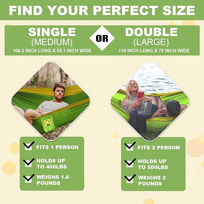 SZHLUX Camping Hammock Double &amp Single Portable Hammocks with 2 Tree Straps Great for HikingBackpackingHuntingOutdoorBeachCamping