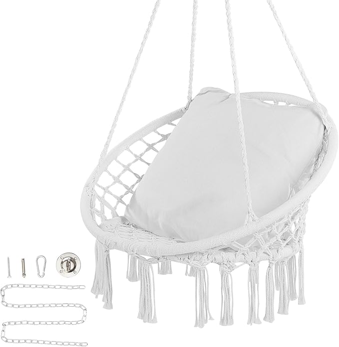 VEVOR Hanging Hammock Swing Chair 330 lbs Capacity Macramé Hanging Chair with Cushion and Mounting Hardware Cotton Rope Swing Chair for Bedroom Balcony Patio Garden White
