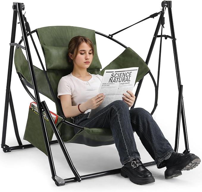 Arlopu 3 in 1 Portable Hammock with Steel StandFoldable PU Leather Swing Chair6-Level Standing Hammocks Included Carrying BagSide PocketPillowfor OutsideIndoorYardGardenPatioCamping(Green)