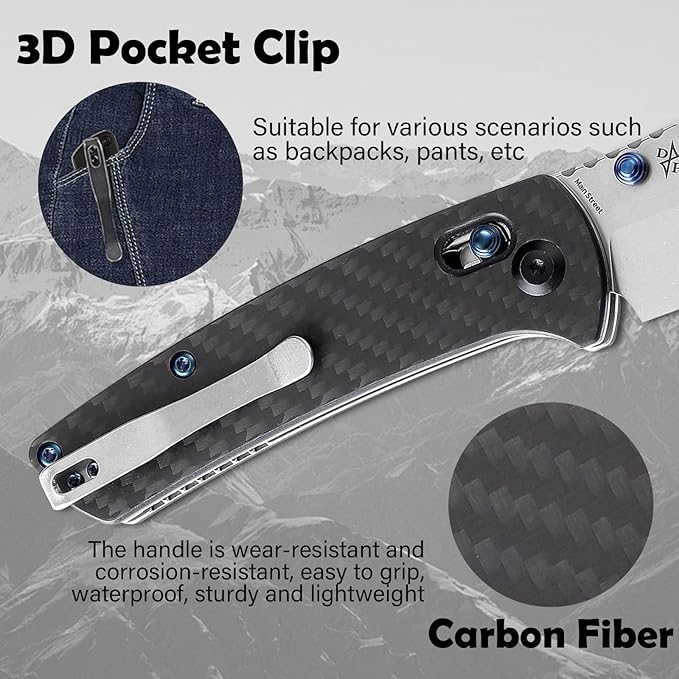 KANSEPT Main Street Pocket Folding Knife 3.36'' 154CM Sharp Steel Blade Twill Carbon Fiber Handle with Axis Lock and ThumbStud Perfect Clip for Camping Hiking Fishing Gift Everyday Carry T1015v4