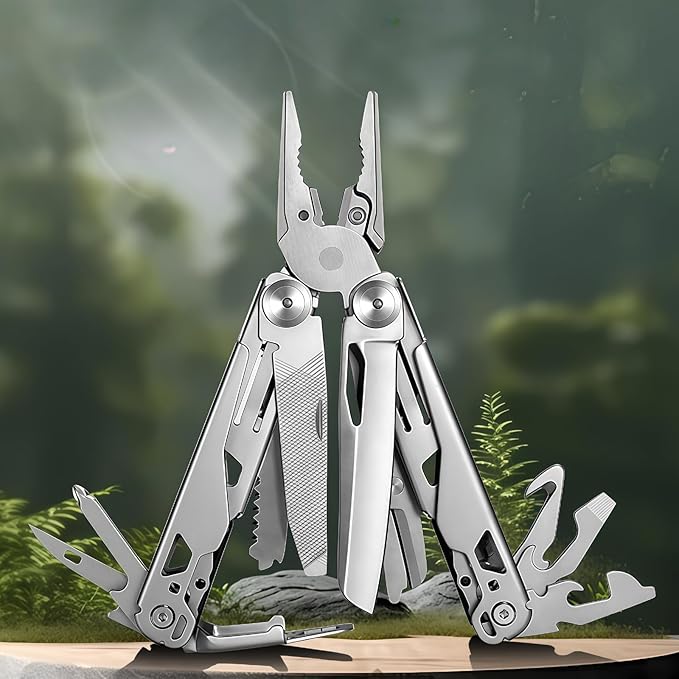 Multitool 15-in-1 Full-Size Lightweight EDC Multi-Purpose Pliers Nylon Bag Camping Knives &amp Tools Tactical Outdoor Gear Mens Gifts Ideas Gifts for Hunters Men who have Everything (Silver)