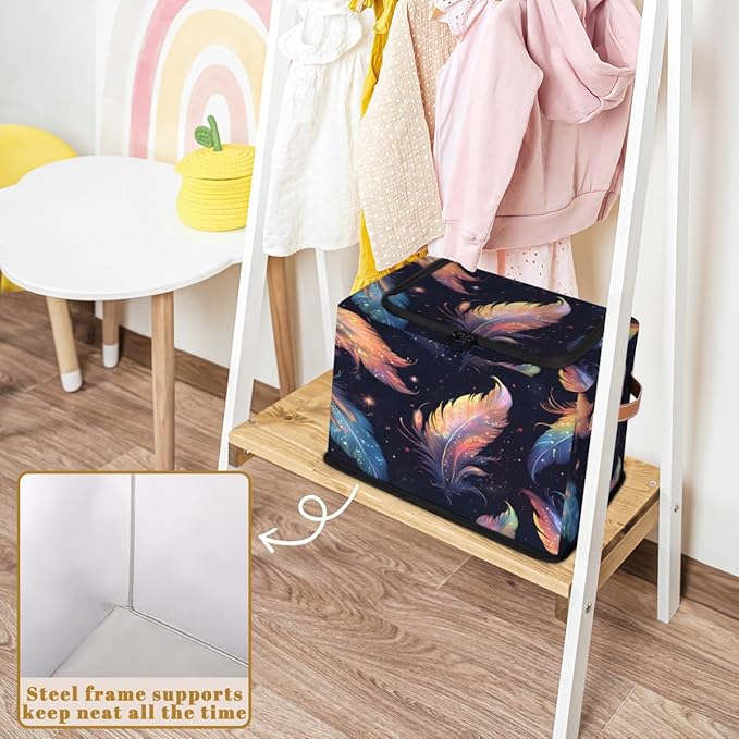 Boho Feather Storage Box with Lid Colorful Feathers Collapsible Storage Bins Baskets Cubes Closet Shelf Clothes Organizer Containers with PU Leather Handles