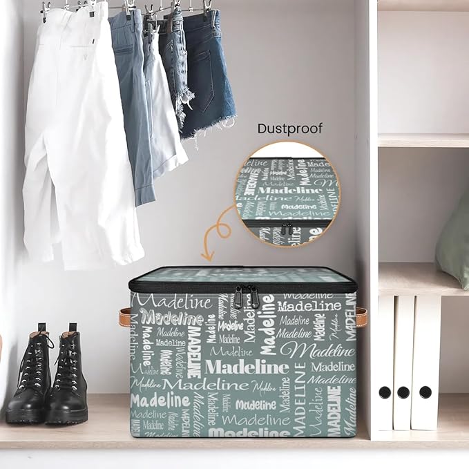 Custom Storage Basket with Name Personalized Keepsake Box with Zipper Lid Foldable Fabric Memory Bin Large capacity with Handle Gradient Grey Green