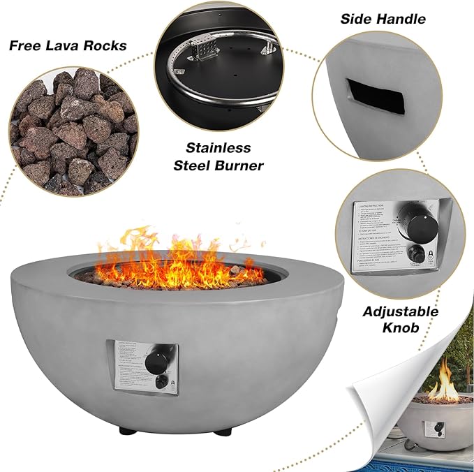 31.5 Round Propane Fire Pit Table50000 BTU Outdoor Gas Fire Table with Tank Cover &amp LidGray Concrete Firepit for PatioBackyardGarden and Pool