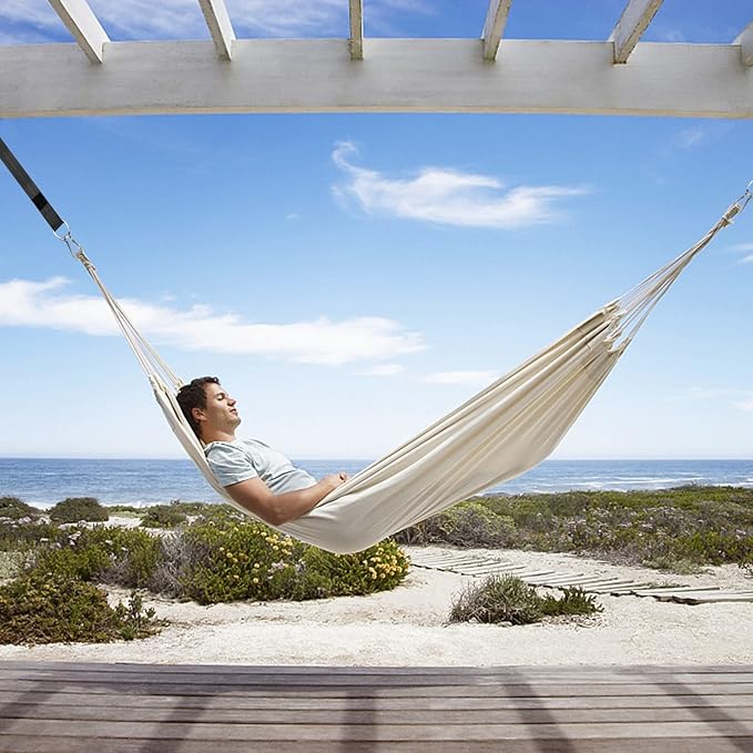 Gold Armour Brazilian Style Hammock with Tree Straps for Hanging Portable Single Double Hammock for Camping Outdoor Indoor Patio Backyard (Beige White)