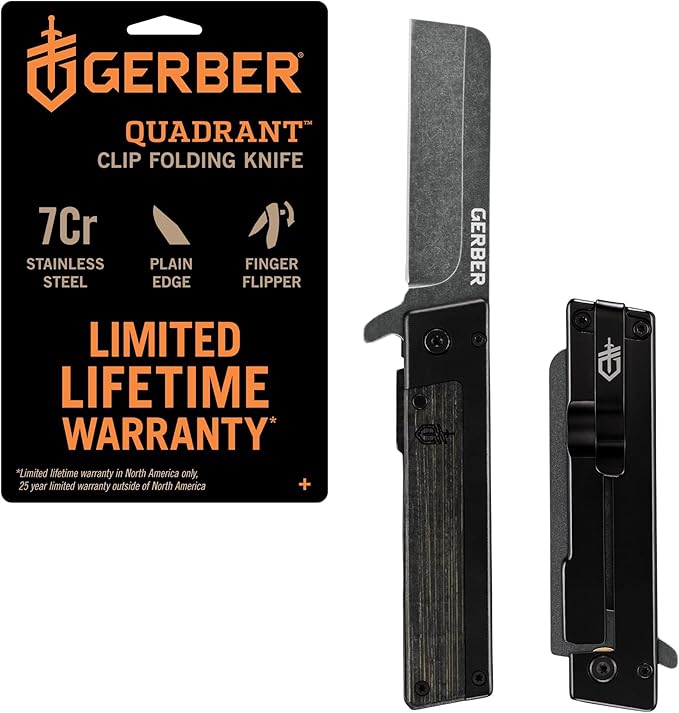 Gerber Gear Quadrant Clip Folding Pocket Knife EDC Plain Edge Flipper Knife with Pocket Clip Gifts for Men Stainless Steel Survival Tool Black Bamboo