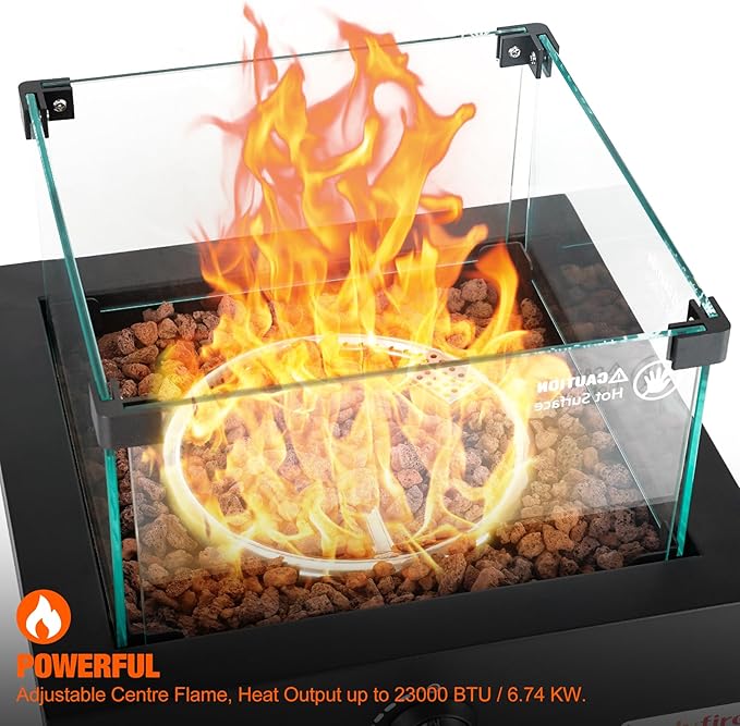 ONLYFIRE OUTDOOR LIVING 15.7 Portable Propane Gas Fire Pit Side-Mounted Modern Tabletop Fireplace Smokeless Firepit with Glass Wind Guard for Patio Camping RV Tailgating 23000BTU Squre FP040