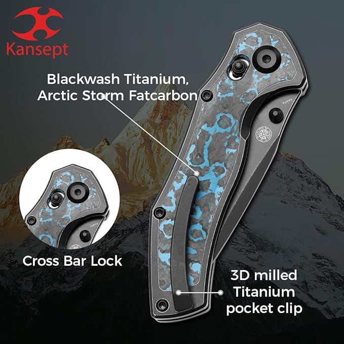 KANSEPT Apollo Pocket Knive 3.11Blackwash CPM S35VN Blade Black Titanium inlaid Arcticstorm Fatcarbon Handle with Thumb StudCross Bar Lock Folding for Men WomenSharp Camping Hiking Knives K2107V2