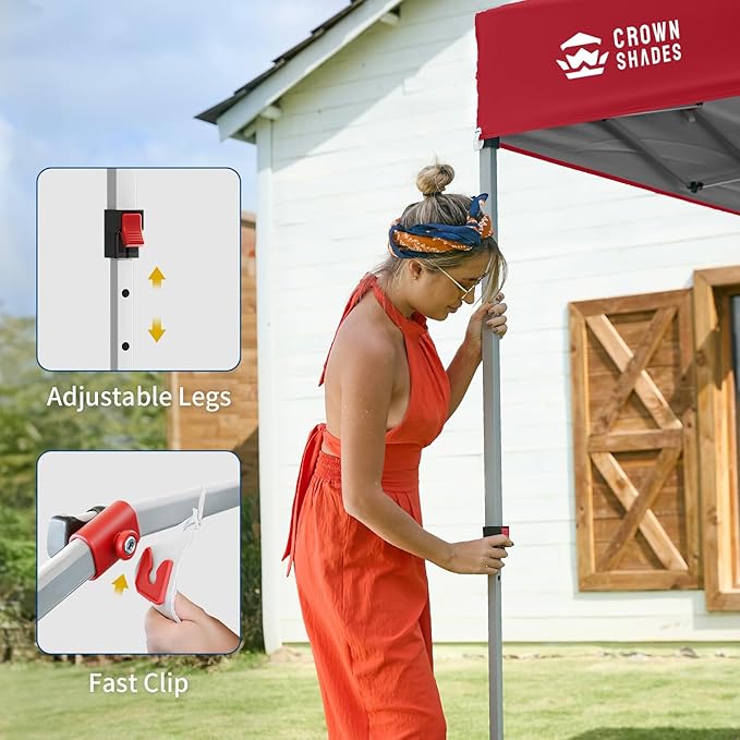 CROWN SHADES 8x8 Pop Up Canopy with 1 Side Wall - Beach Tent with One Push Setup - Outdoor Sun Shade for Events Parties Camping - Gazebo with STO-N-Go Cover Bag (Red)
