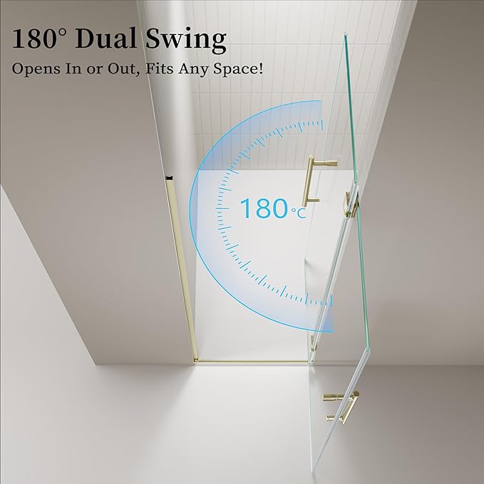 29.6-29.8 x 72Frameless Hinged Shower Door Single Swing Shower Panel with 5/16” (8mm) Tempered Glass 180° in &amp Out Opening 5mm Adjustable for Non-Vertical Walls (Brushed Gold 29.8 x 72)