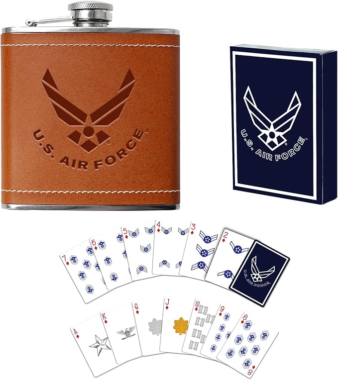 Air Force Flask &amp Cards Gift Set Leather-Wrapped US-Air Force Hip-Flask with Rank Playing-Cards | Disabled Vet Owned Business | USAF Flask-Card-Set