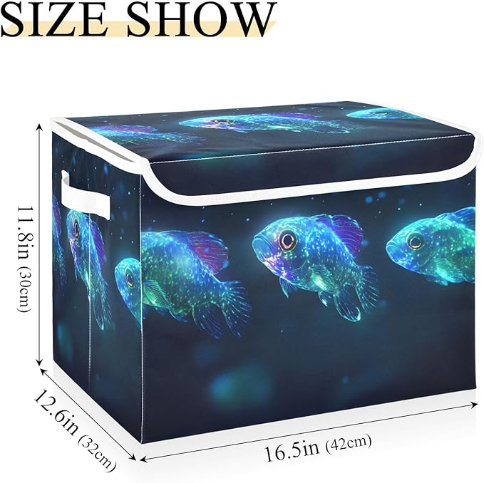 Storage Cube with Lid Glowing Fishes Print 16.5×12.6×11.8 IN Collapsible Large Capacity Foldable Storage Basket Bin Organizer