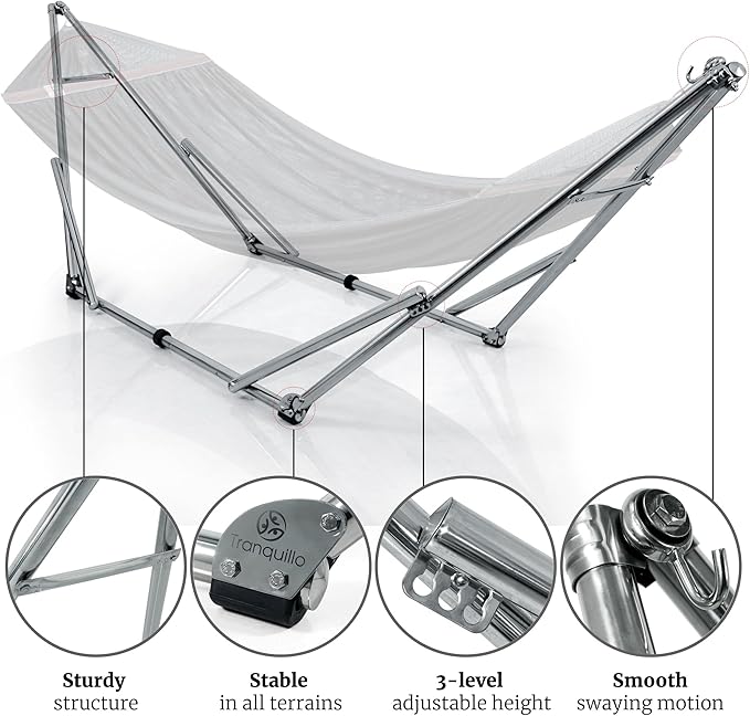 Tranquillo Adjustable Hammock Stand Collapsible Camping Hammock and Stand 650 lbs Capacity Deluxe Double Hammock Stand for 2 Persons Portable Everywhere Easy Assembly Non-Slip and Noise-Free Black