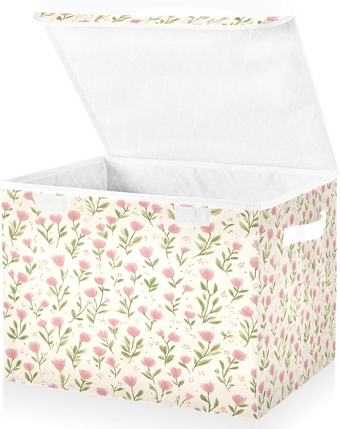 MNSRUU Containers Baskets with Lids Pink Flower Fabric Foldable Storage Bins Organizer with Lid Collapsible Storage Boxes for Home Bedroom Closet Office