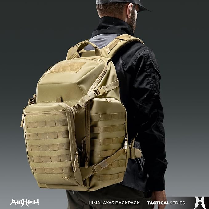 AMHEH 52L 1050D Tactical Backpack - 72 Hour Emergency Get Home Bug Out Bag with 17 Laptop and Helmet Pocket Heavy Duty Work Tan