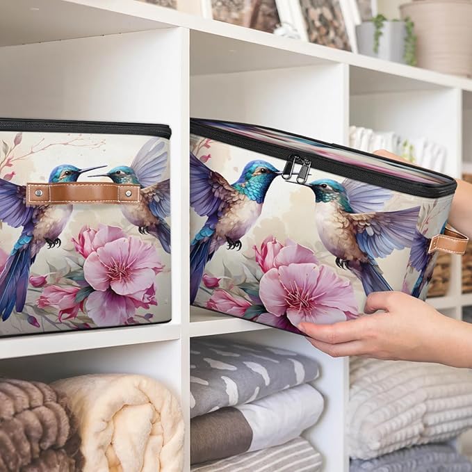 Storage Bins with Lids Flower Hummingbird Storage Basket Clothes Organizer with Handles Closet Storage Containers for Clothing Bedding Blanket
