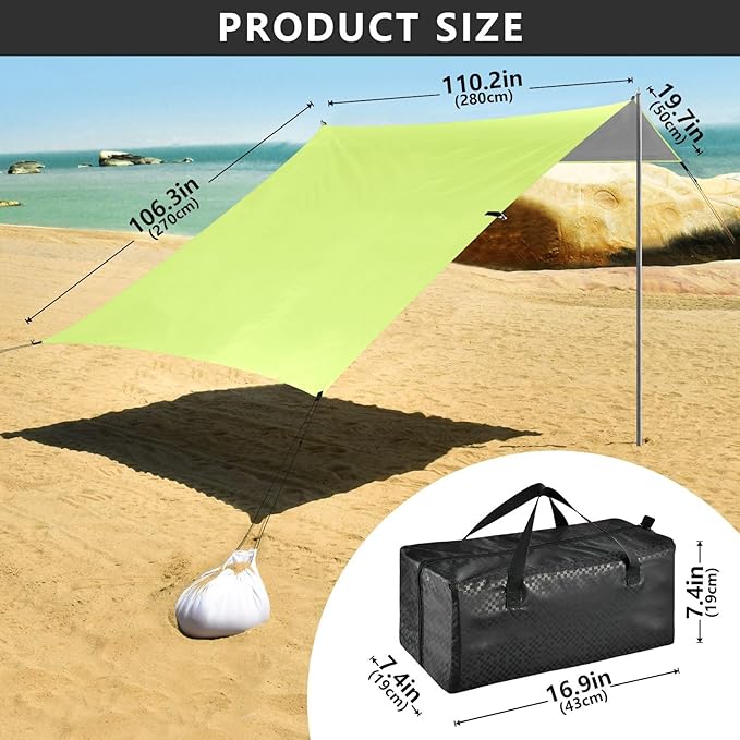 xigua Grass Green Beach Tent Sun Shelter with Carrying Bag - Silver Coated Oxford Fabric Beach Canopy for Beach Camping Fishing - Includes Windproof Ropes Sandbags &amp Stakes