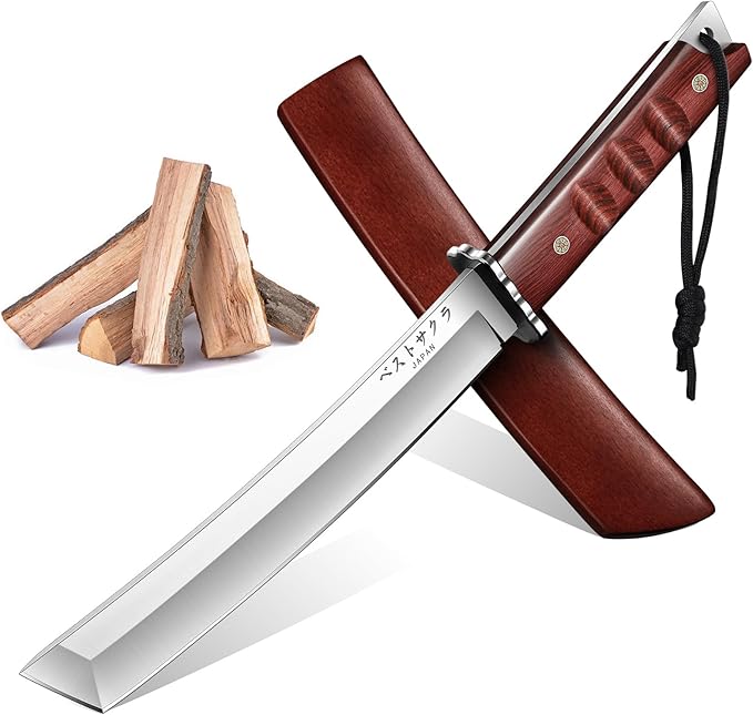 DRGSKL Japanese Fixed Blade Knife - Tanto Knives with Wooden Sheath - Survival Knives with Full Tang Handle - Bushcraft knives for Camping Outdoor Gifts for Men