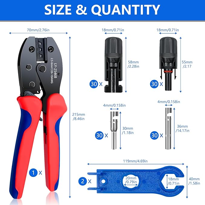Solar Panel Connector 60PCS Solar Crimper Tool Kit for Connecting Solar Panel Cable Wire Solar Connector Kit with 30 Pairs Male/Female Solar Connectors 1PCS Solar Crimper 2 PCS Spanner Wrench
