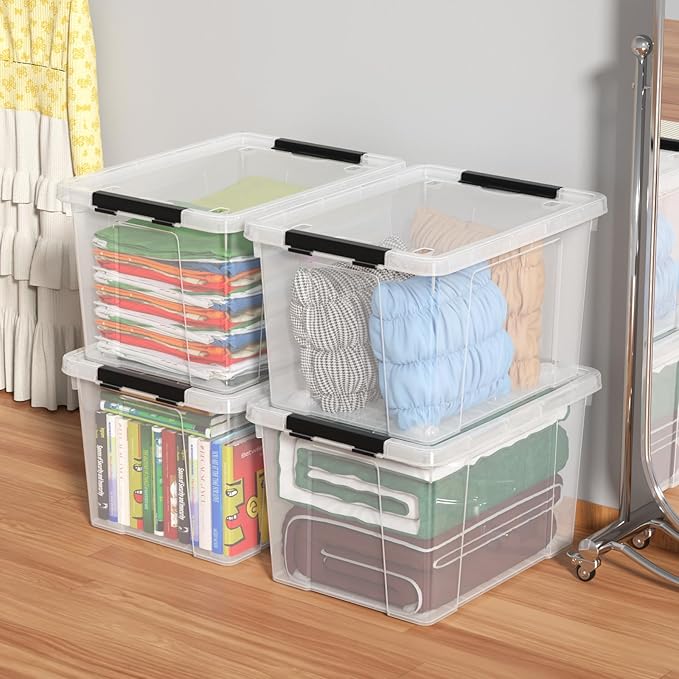 Set of 4 50 L Stackable Plastic Storage Container with Latching Lids and Wheels Clear Home Garage Organization Bins Box See-Through