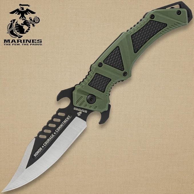 United Cutlery USMC Desert Ops Pocket Knife | 4 Blade | 9 Overall | TPR and TPU Handle | Pocket Clip (Olive Drab)