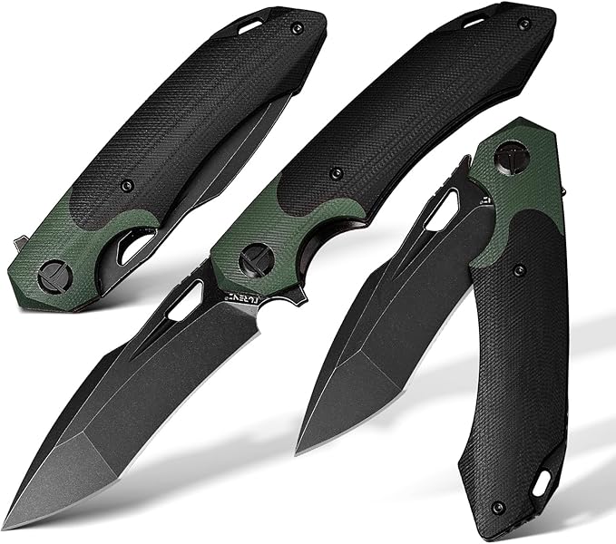 D2 Steel Folding Knife - 9CM Black Tactical Blade G10 Handle Pocket Clip - EDC Camping Survival Hunting - 60-61HRC Vacuum Heat Treated Stonewash Finish