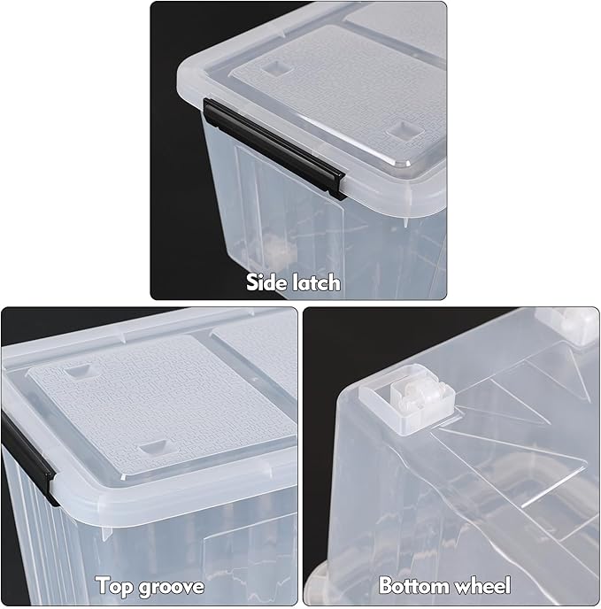 Sadstory 30 Quart Clear Latching Tote Bin with Lid Plastic Storage Box with Wheels 4 Packs