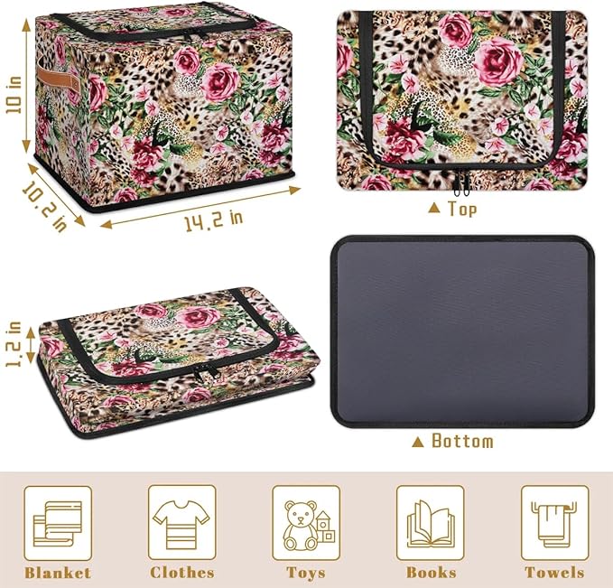 Clothes Storage Bins with Metal Frame Leopard Print Flower Storage Boxes with Zipper Lids Collapsible Cube Clothing Storage Bag with Leather Handle Closet Clothes Organizer Container