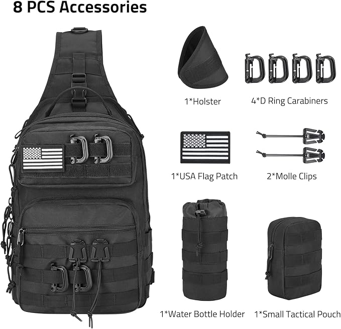 CVLIFE Tactical Sling Bag Backpack for Men Military Shoulder Sling Bag Molle Detachable Tactical Bag with Bottle Holder Hidden Pocket Daily Day Pack Work Bag for EDC Hiking Black